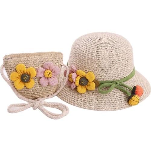 Korean Two Flowers Pumpkin Parent-Child Sun Hat Bag Set Spring Summer Brand Beach Kid Straw Hats For Women Girl Wide Brim Cap