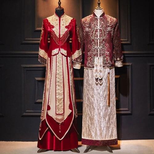 Chinese Style Traditional Wedding Dress Cheongsam Woman Red Embroidery Clothing Tassel Qipao Tops