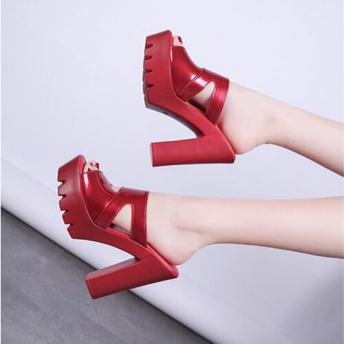 Platform Women Shoes High Heel Wedding Shoes Women Sandals Leather Patent Wine-Red Black Chunky Heels Slippers Women Summer