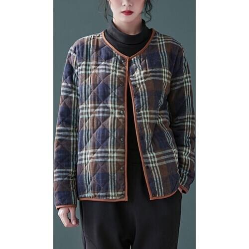 Women Casual Quilted Jackets New 2020 Autumn Winter Vintage Style Plaid Pattern Loose Comfortable Female Outerwear Coats S2639
