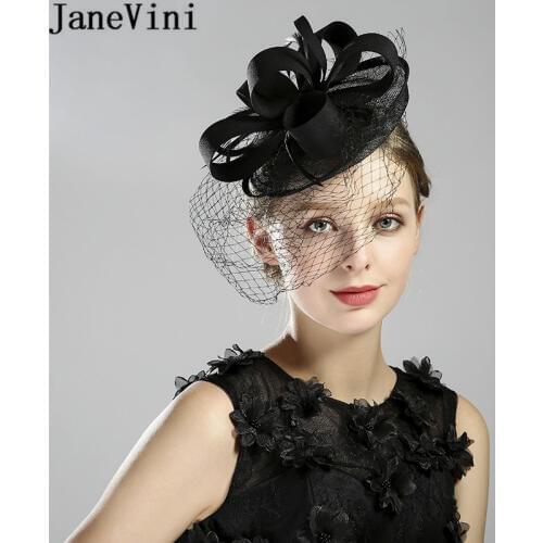 JaneVini Black/Red Vintage Bridal Hat Face Veil Feathers Fascinators Flower Holiday Party Formal Womens Wedding Hat Headwear