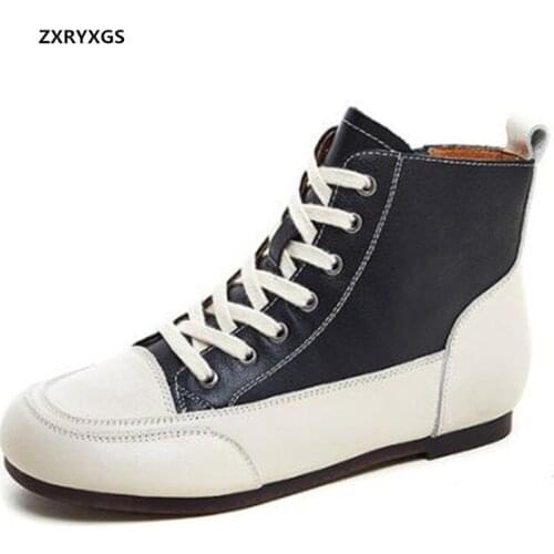 2021 Spell Colors Single Shoes Womens Vulcanize Shoes Sneakers Fashion Casual Sneakers Flat Ankle Boots Genuine Leather Shoes