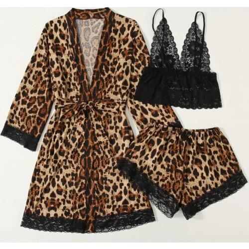 Women Pajamas Lace Satin Silk Leopard V-Neck Sexy Fun Bra Edge No Rims Underwear Camisole Pajamas Shorts Set Sleepwear пижамы