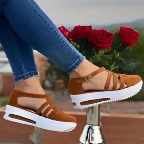 2021 New fashion casual womens shoes wedge heel round toe thick-soled hollow single shoes