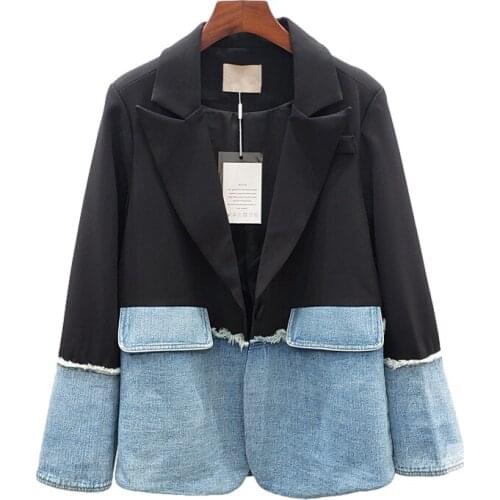 Fashion Denim Spliced Blazer Jacket Coat Women Spring Autumn Korean Suit Collar Long Sleeve Suit Jacket Female Loose Outerwear
