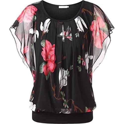 2021 New Summer Women Ruffle Printed Top Women Beautiful Casual Short Sleeve Mesh Flower Print Simple Loose Blouse Streetwear