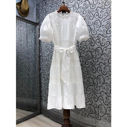 100%Cotton Womens Dress 2021 Summer High Quality Clothing Ladies O-Neck Exquisite Embroidery Short Sleeve White Blue Dress Belt