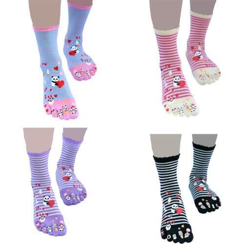 4 Pairs Five Finger Socks Womens Tube Fashion Casual Cartoon Panda Cute 5 Toe Socks Women Striped Cotton Socks