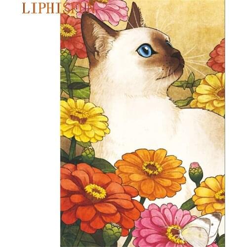 Diamond Painting Cross Stitch Full Square Round Picture of Rhinestone DIY Mosaic Embroidery Animal Cat Flower New Year