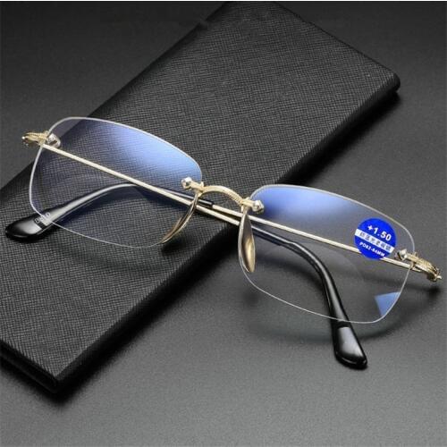 Bifocal Reading Glasses Men Women Rimless Anti-blue Light Far Near Presbyopic Glasses Hyperopia Diopter +1.0+1.5 +2.0+2.5 3.0