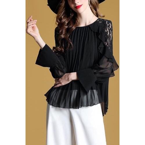 2019 Korean Spring Fall Women Female Loose Pleated Lace Patchwork Ruffles Blouse Shirt , Womens Irregular Chiffon Blouses Top