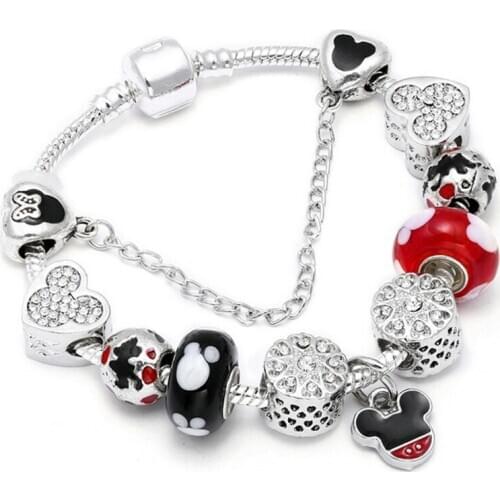Animal Mickey Charm Bracelets & Bangles Women Jewelry Minnie Pink Bow-Knot Pendant Bracelet DIY Handmade for Girl Gift