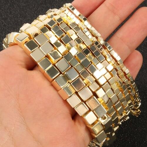 Natural Hematite Stone Beads 9K Gold Color Square Shape Loose Spacer Beads For Jewelry Making DIY Bracelet Accessories 15