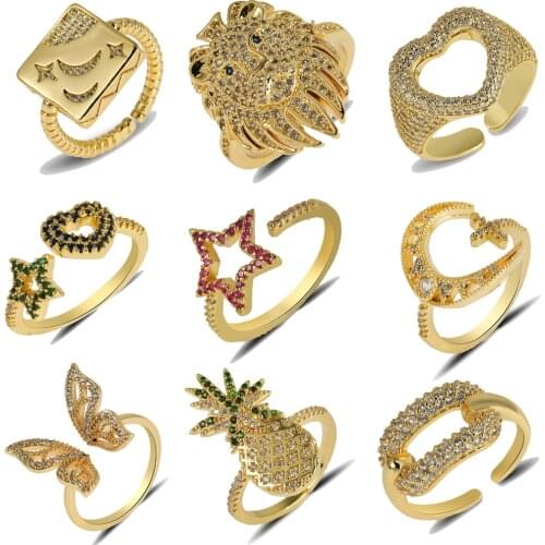 CZ Gold Color Heart rainbow Rings open wedding Engagement Ring femme Women for ring party gift charm Rhinestone ins Jewelry