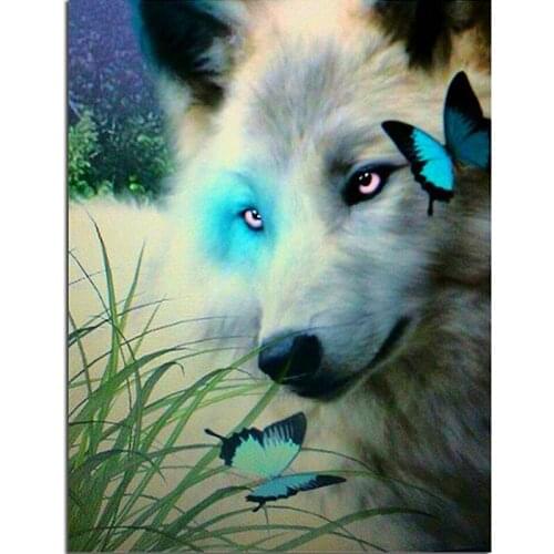 DIY Blue Butterfly and White Wolf 5D Diamond Embroidery Painting Cross Stitch Diamond Mosaic Kits Animal Adorable Home Art Decal