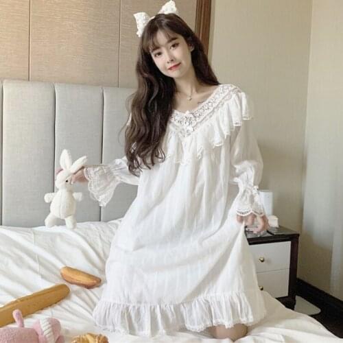 Korean Style Sweet Lace V-neck Long-Sleeved Nightdress Pajamas Womens Spring New Homewear Two-Piece Set lolita dress