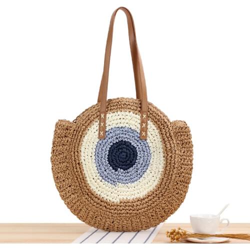 2021 Summer Women Round Straw Bags Rattan Shoulder Bag Handmade Woven Beach Female Crossbody Bag Womens Handbags Big Tote Bag
