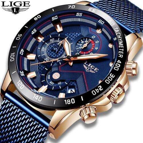 2019 New Gold Blue Clock LIGE Mens Watches Top Brand Luxury Fashion Mesh belt Stainless Steel Quartz Watch For Men Reloj Hombre