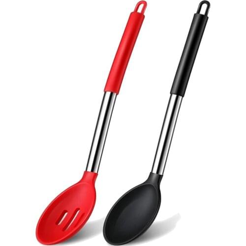 2 Pcs Silicone Cooking Spoon Slotted Spoon Set,Nonstick Serving Spoon Stainless Steel Handle Mixing Spoon(Red,Black)