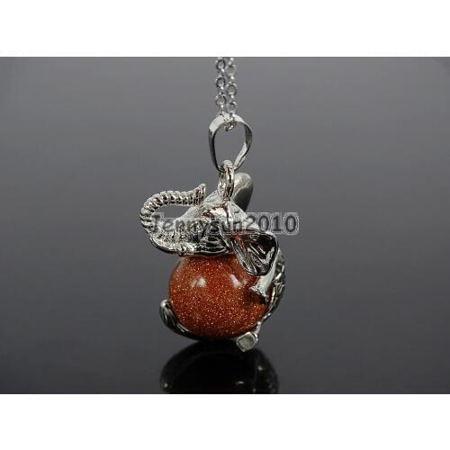 Natural Gold Sand Gems Stone Round Ball Chakra Healing Elephant Pendant Necklace Beads Healing Jewelry Design 10Pcs/Pack
