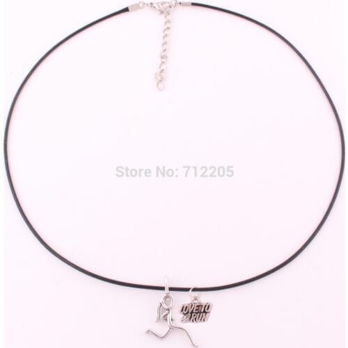 New Arrival running woman and "Love to run" Charm Leather chain necklace