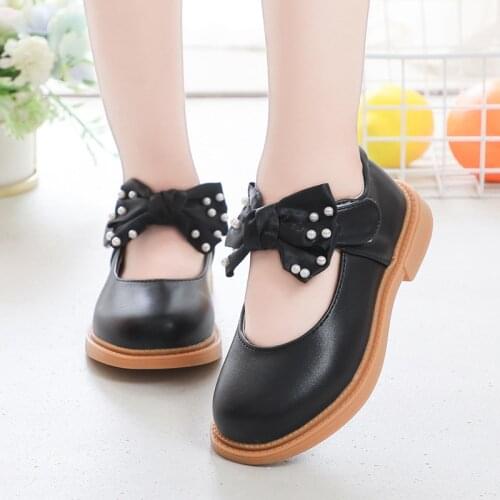 Kids Leather Shoes for Girls Medium Big Children School Leather Flats Mary Janes Bow-knot with Pearls Princess Sweet Dress Shoes