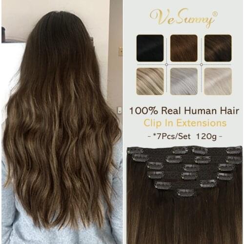 VeSunny Clip on Hair Extensions Human Hair Double Weft 7pcs Clip in Hair Balayage Natural Black Highlighted Brown 100gr