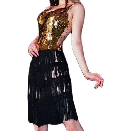 Gold Mirror Sequins Suspender Mini Dress Rhinestones Mesh Gauze Black Tassel Dresses Party Evening Costume Stage Wear Lady