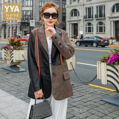 New Designer Office Ladies Woolen Blends Patchwork Suit Blazer Top Women Sheepskin Genuine Leather Jacket Vintage Outerwear Coat