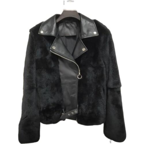 Whole skin natural real Rex fur coat with Genuine Leather clothing womens winter short jacket long-sleeved outerwear coat