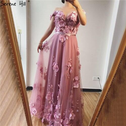 Serene Hill Pink Off Shoulder Handmade Flowers Evening Dress Pearls Sleeveless Sexy A-Line Formal Party Gown 2020 CLA70189
