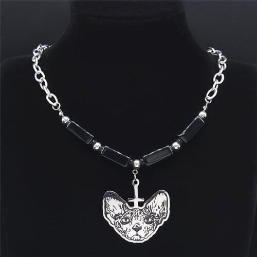 2021 Hairless Cat Upside Down Cross Black Natural Stone Beads Stainless Steel Bead Necklaces Pendant Necklace Jewelry N4082S03