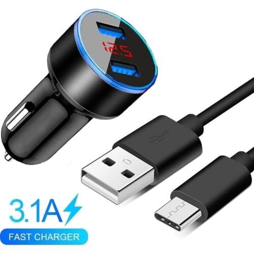 Dual USB Car Charger For Xiaomi Redmi Note 10 S 9T 9S 8T 9 8 7 Pro 8A 3.1A Fast Phone Charger LED Display Type-c USB Cable Cords