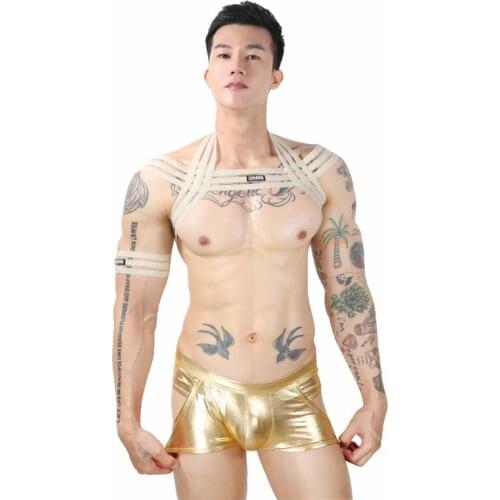 Sexy Mens Golden/Silver Harness Boxer Set Bondage Clubwear Shoulder Strap Hollow Out Underwear Faux Leather