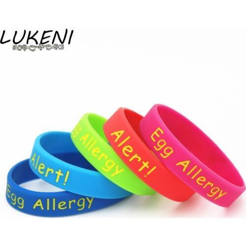 LUKENI 1PC Medical Alert Egg Allergy Silicone Wristband Kids Size Blue Green Red Pink Armband kids Braceets&Bangles Gifts SH204