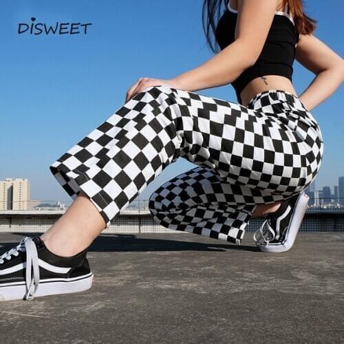 Fashion Lattice WomenS Trousers Street Clothing High Waist Loose Straight Pants Woman Casual Stretch Elastic Waist Pants Women