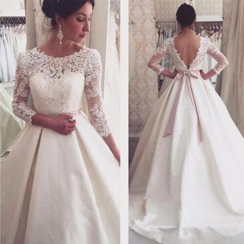 Cheap White Lace Appliques Backless Wedding Dresses 3/4 Sleeves Elegant Simple Bridal Dresses Open Back Wedding Gowns