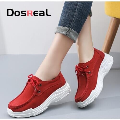 Dosreal Women Fashion Platforms Flats Shoes Suede Leather Casual Shoes Lace-up Outdoor Leisure Chunky Sneakers