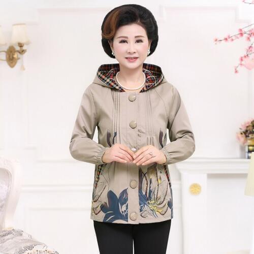 Elegant middle-aged womens spring and autumn new loose large size printed long-sleeved printed hooded jacket