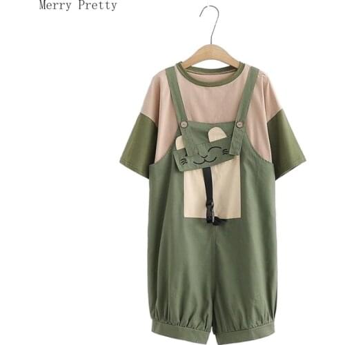 Womens Two Piece Set O-neck Short Sleeve Patchwork Cotton T Shirt Cartoon Cat Embroidery Mini Strap Pants Sweet Style Girl Pants