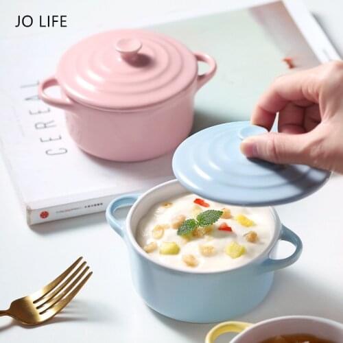 JO LIFE 250ml Candy Color Baby Feeding Bowl Creative Double Ears Steamed Egg Fruit Salad Ceramic Small Bowl With Cover