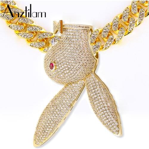12mm Cuban Chain Hip Hop Iced Out Rabbit Pendan Necklace Full Bling Cubic Zircon Bling for Men Women Goth Jewelry