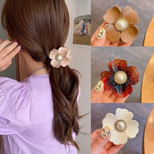 Lystrfac Girls Flower Hair Claw for Women Rhinestone Pearl Hairclip Bangs Hairgrips Back Head Top Clip Hairpin Hair Accessories