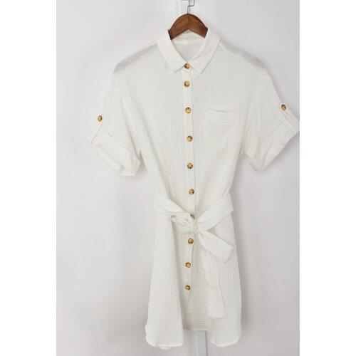 Turn-Down Collar Mini Dress Women Single Breasted Short Sleeve Lace-Up with Pocket Office Lady White Shirt Dress 2021 Summer