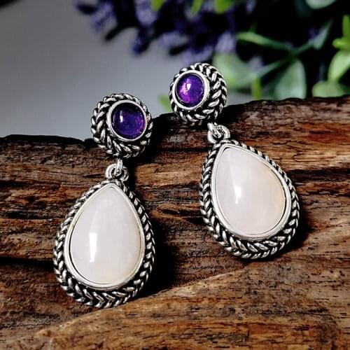 Fashion New Bohemian Retro Natural Powder Stone Earrings Korean Decorative Border Drop AMETHYST Jewellery Gift for Women