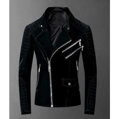 2020 New Men High Quality PU Leather Motorcycle Leather Jacket Fashion Draped Diagonal Zipper Riding Biker Jackets