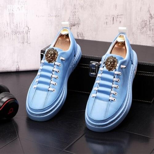 Genuine leather blue Leather Men Casual Shoes Hip Hop Sneakers Flats Board Shoes Loafers Chaussure Homme A6