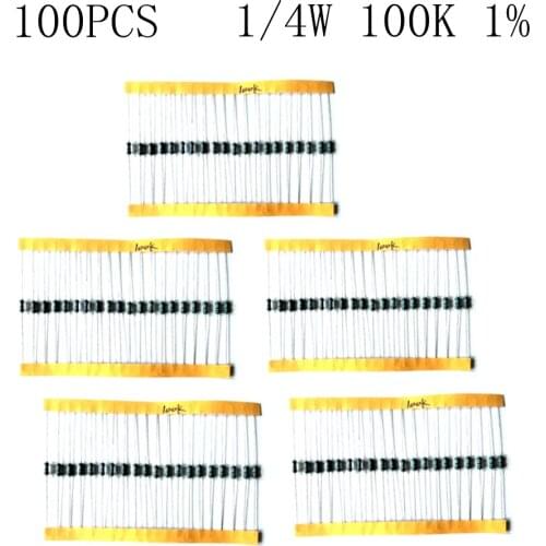 100pcs Resistor Pack 100KΩ 1/4W Metal Film Resistor Precision 1