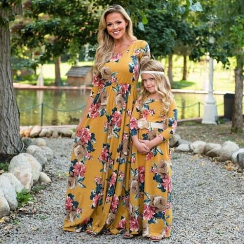Parent Girls Child Outfits Autumn Mommy and me clothes Winter 2021 Three Quarter Blue Print Dress Mother Daughter Dresses