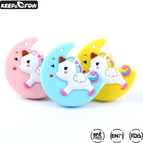 10pcs 54mm Baby Teethers Cute Unicorn Funny Silicone Teether Food Grade Silicone Baby DIY Toy Teething Necklace Pacifier Pendant